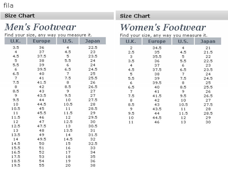 fila男女鞋尺码表,来自官网
