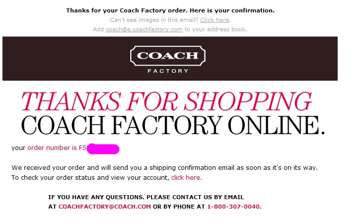 Coachfactory蔻驰工厂店下单成功邮件