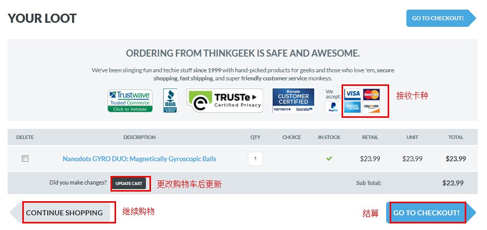 ThinkGeek美国官网购物车页面