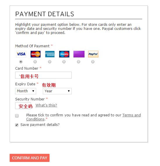 TOPSHOP英国官网支付方式选择与填写支付信息