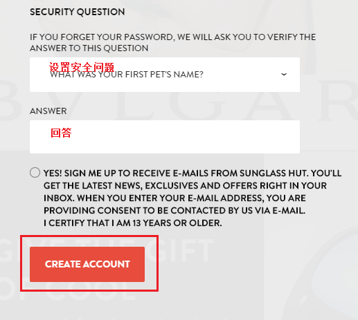 Sunglass Hut美国官网设置安全问题