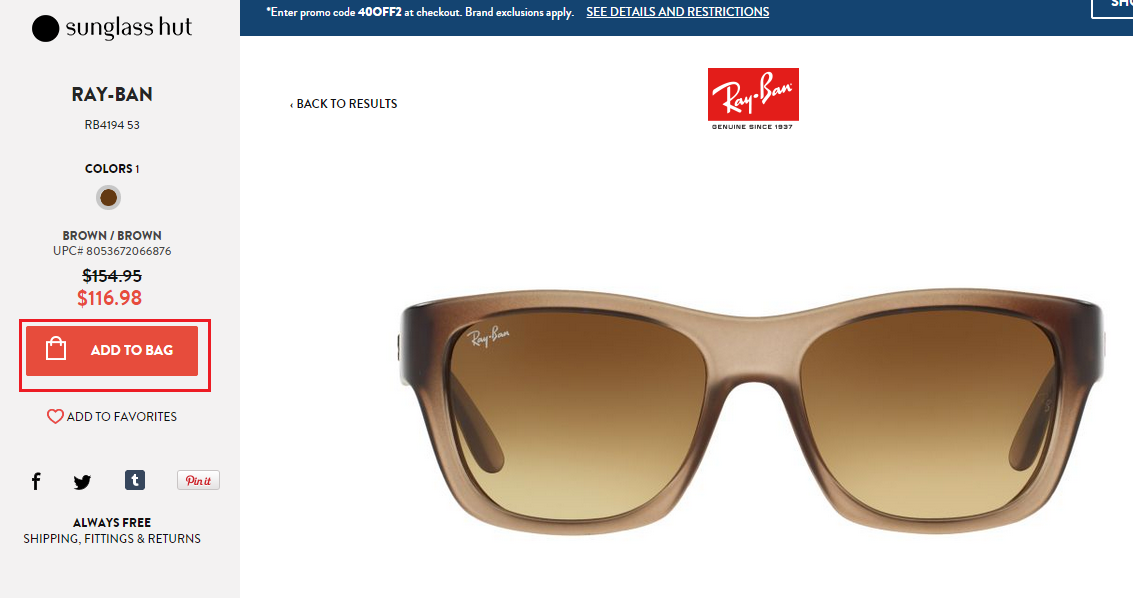 Sunglass Hut美国官网商品详细信息页面