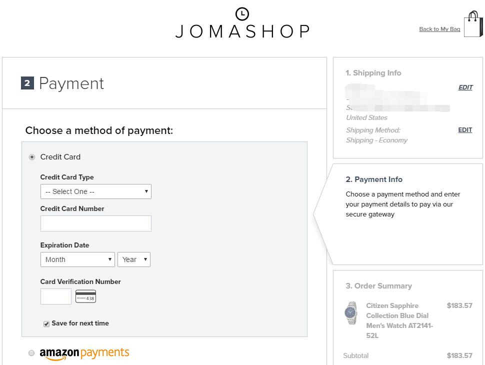 Jomashop美国手表官网再次填写信用卡信息