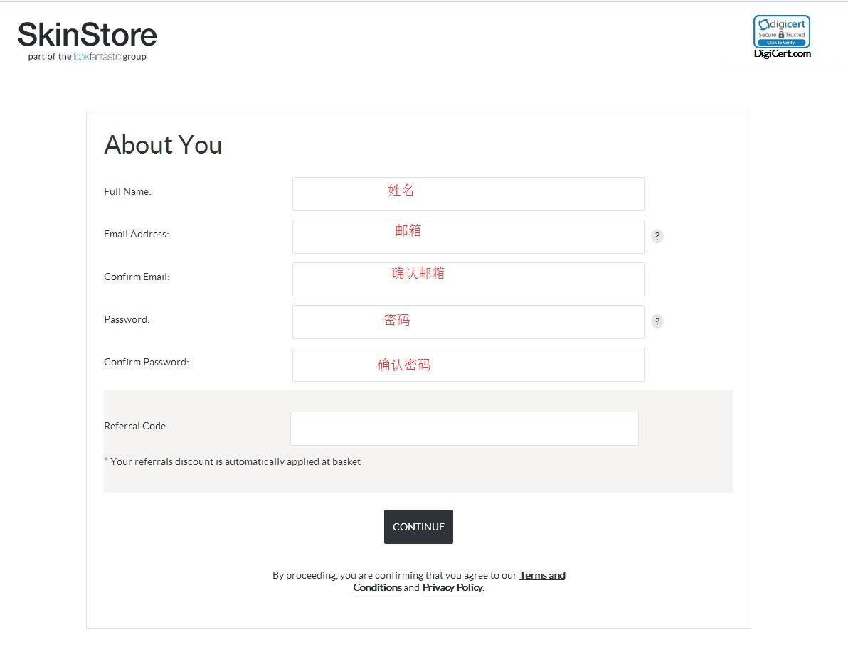 SkinStore美国官网填写注册信息