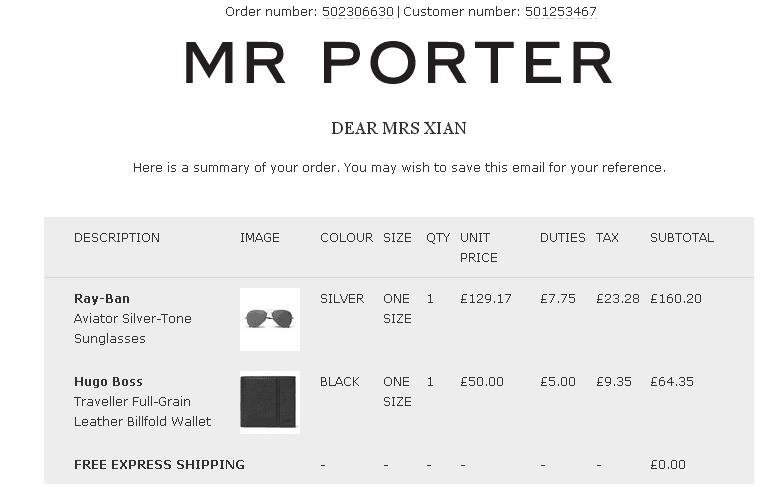 Mr.Porter英国官网邮箱收到确认邮件